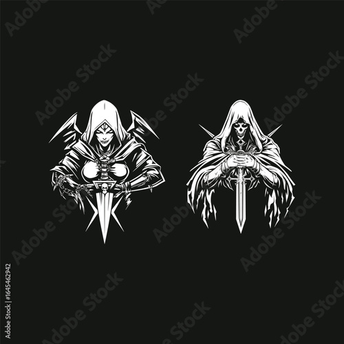 engraving style illustration features a demon nun holding a sword, blending gothic horror with sacred and dark symbolism