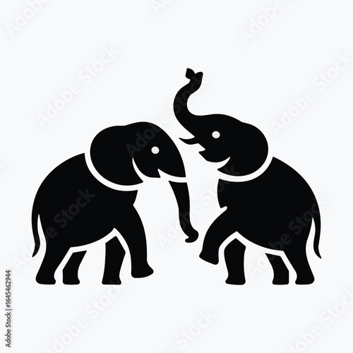 Silhouette of two elephants facing each other, tribal style black elephants with tusks, vector illustration, isolated animal graphic on white background.