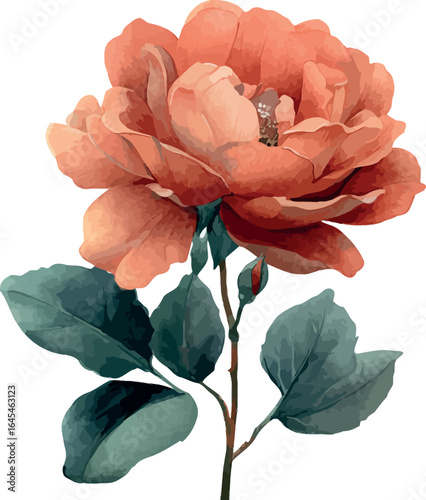 Hand-painted watercolor of a terracotta-colored rose flower with realistic shading and artistic detail - vector illustration