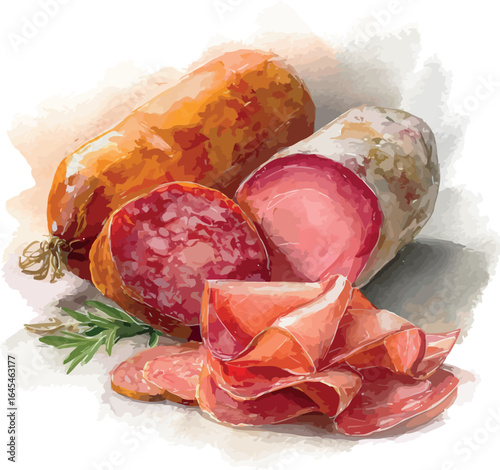 Watercolor illustration of assorted salami, ham, and sliced cold cuts arranged on a rustic board - vector illustration