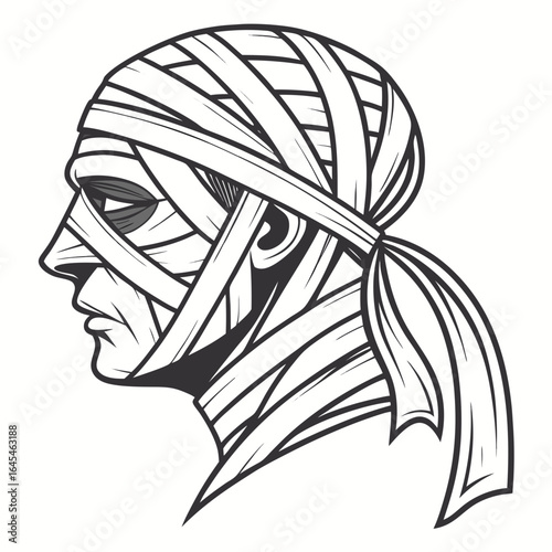 Illustration of an ancient mummy wrapped in bandages in profile isolated on white background