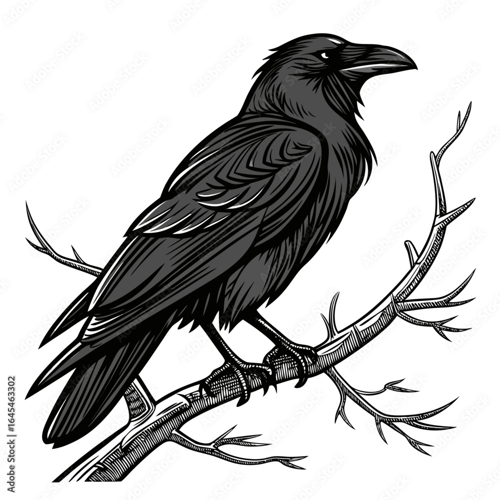 Obraz premium Raven perches on a branch, isolated on white background, detailed artwork