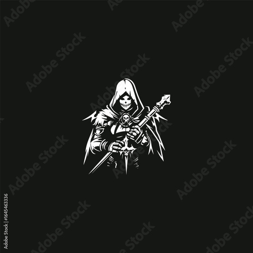 engraving style illustration features a demon nun holding a sword, blending gothic horror with sacred and dark symbolism