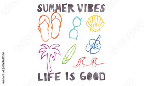 Palm tree, seashell, sandal, sunglass, wave, surfing board and hibiscus artwork. Summer good vibes vector graphic design for apparel, stickers, posters, background and others. 