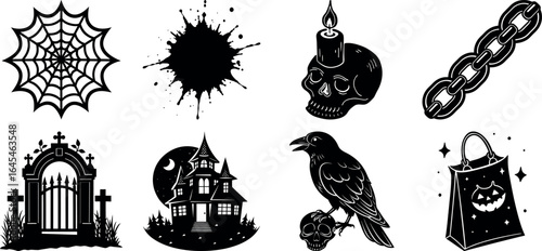 set of halloween element silhouette collection. Black and white vector. pmpkin, ghost, cat, horror house, witch, owl, raven bird, spider, witch hat