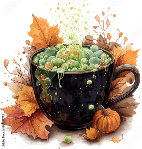 Spooky Halloween watercolor coffee mug filled with bubbling green potion emitting magical steam - vector illustration