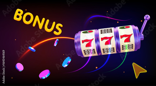 3D neon slot machine with flying disk on isolated background. Online casino. Gambling concept design. 3d vector illustration on isolated background.	