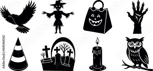 set of halloween element silhouette collection. Black and white vector. pmpkin, ghost, cat, horror house, witch, owl, raven bird, spider, witch hat