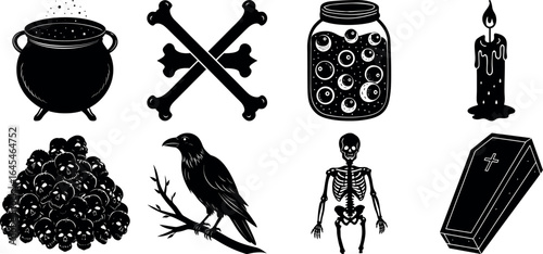 set of halloween element silhouette collection. Black and white vector. pmpkin, ghost, cat, horror house, witch, owl, raven bird, spider, witch hat