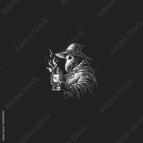 Doctor plague holding lantern engraving design vector template illustration