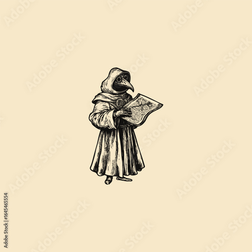 engraving style illustration depicts a plague doctor holding a herbal paper vector template