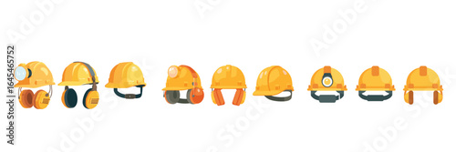 variety of construction safety helmets in different styles and angles