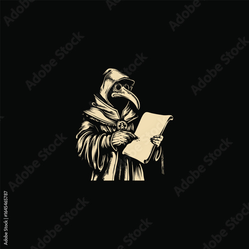 engraving style illustration depicts a plague doctor holding a herbal paper vector template