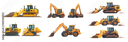 set of heavy construction vehicles and machinery for building projects