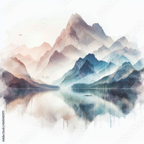 Silent lake holds mountains' whispered secrets. AI generated illustration