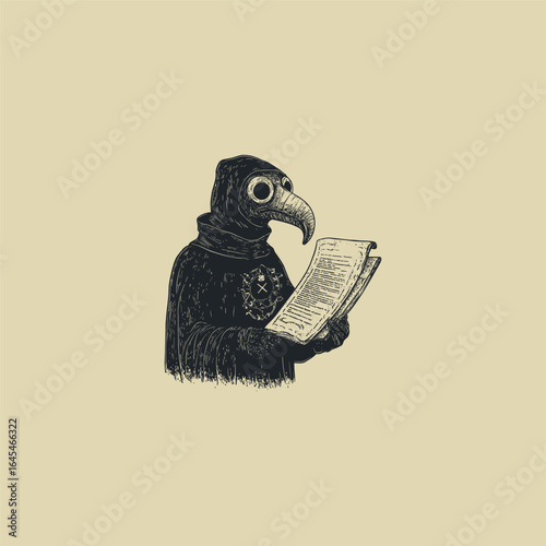 engraving style illustration depicts a plague doctor holding a herbal paper vector template
