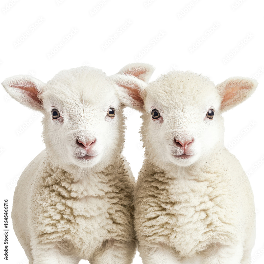 Fototapeta premium Two Adorable White Lambs Close Up Portrait, isolated on a transparent background