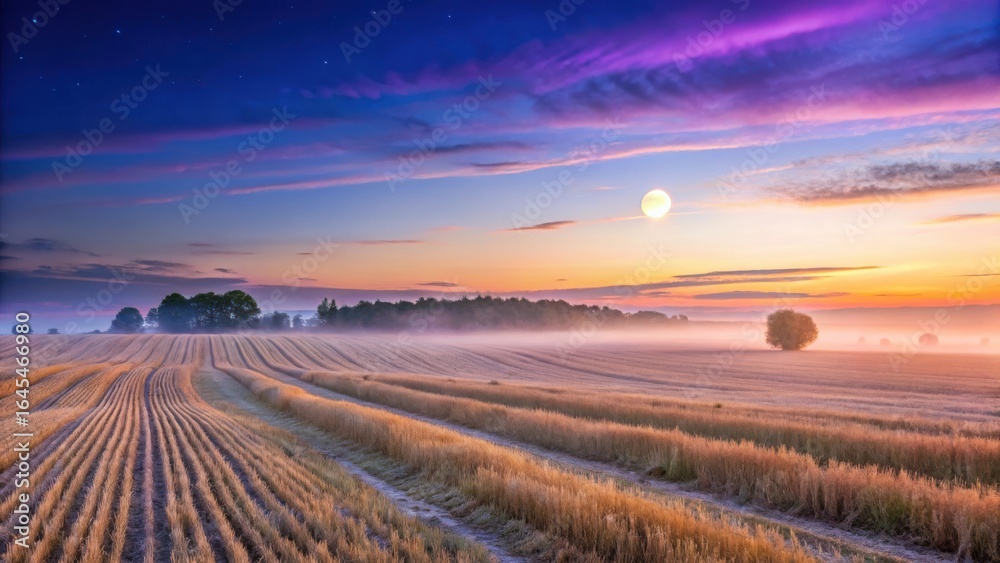 Fototapeta premium Photo of vast harvested field stretching towards the horizon under a breathtaking dawn sky painted with vibrant purple and orange hues, with gentle mist blanketing the landscape