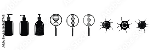 set of pump bottles, DNA magnifiers and microbe icons, silhouette