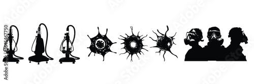 set of disinfectant sprayers, virus cells and gas mask silhouettes