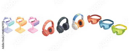 set of VR headsets, headphones and safety goggles