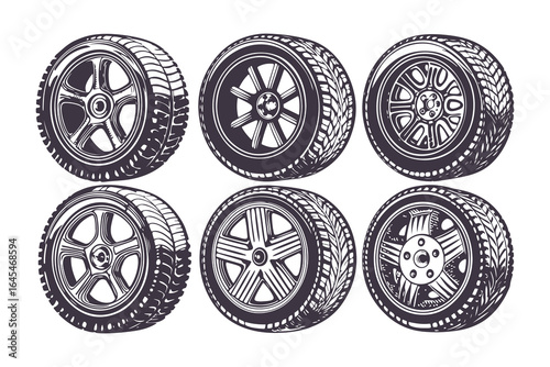 Car Wheels and Tires Vector Set. Detailed Alloy Rims and Tread Illustrations for Automotive Design