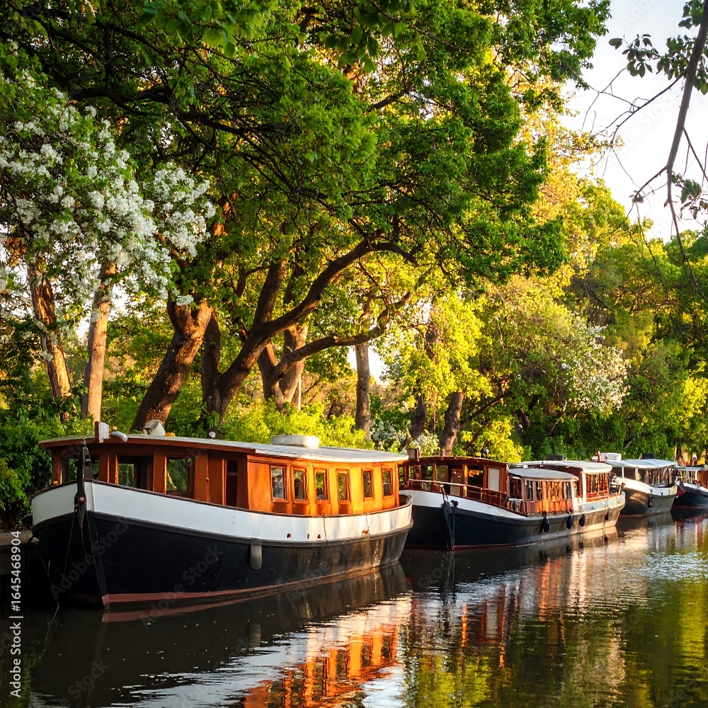 Fototapeta premium Houseboats moored along a tree-lined canal reflecting sunlight