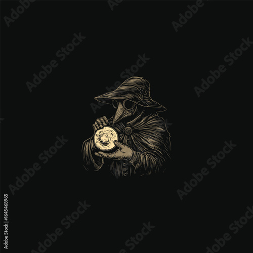 Doctor plague holding crystal ball engraving design vector illustration