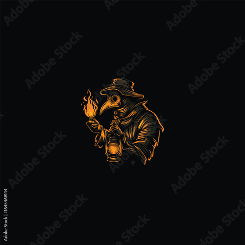 Doctor plague holding lantern engraving design vector template illustration
