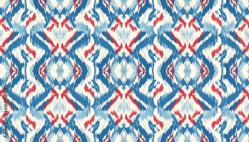 Ikat-inspired textile pattern in blue, red, and white; repeating diamond shapes