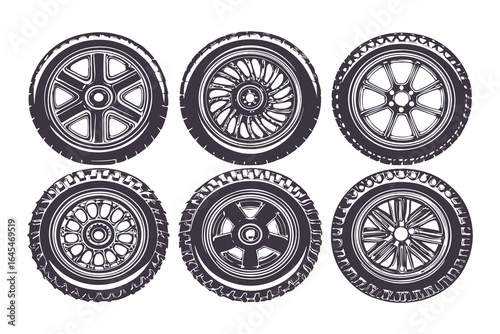 Car Wheels and Tires Vector Set. Detailed Alloy Rims and Tread Illustrations for Automotive Design