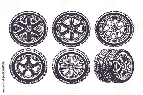 Car Wheels and Tires Vector Set. Detailed Alloy Rims and Tread Illustrations for Automotive Design