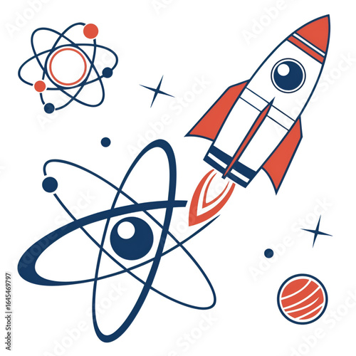 Science and space exploration vector icons. Cartoon rocket ship launching with atom models and a stylized planet, symbolizing education, discovery, and futuristic technology concepts.