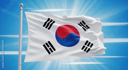 South Korean Flag Flapping in Bright Sunlight on Clear Sky