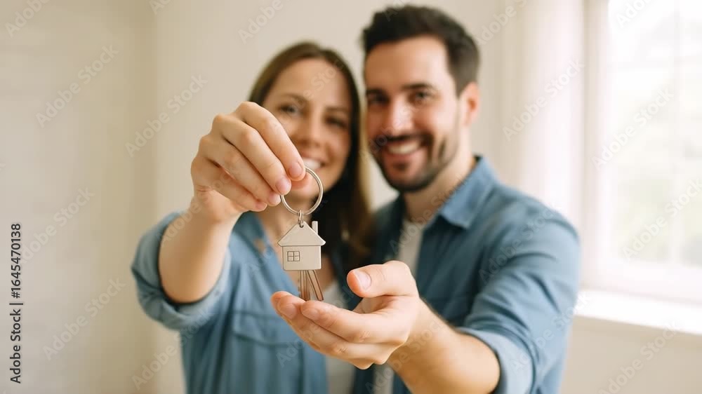 Happy couple celebrating new home ownership, holding house keys together, smiling joyfully in bright interior space, showcasing excitement and achievement in real estate journey Happy couple celebrating new home ownership, holding house keys together, smiling joyfully in bright interior space, showcasing excitement and achievement in real estate journey