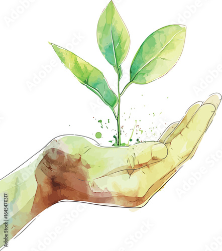 Delicate watercolor illustration of a small green sprout growing gently from an open human hand - vector illustration