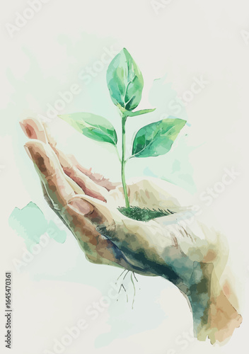 Gentle watercolor depiction of a tiny green sprout flourishing from a human hand in a natural setting - vector illustration
