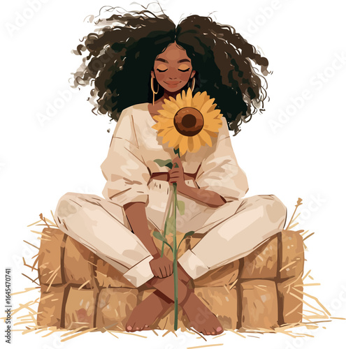 Warm watercolor depiction of a woman holding a sunflower while sitting on a stack of hay in rustic scenery - vector illustration