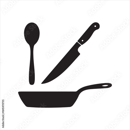 Silhouette of Kitchen Tools Including Spoon, Knife, and Pan on White Background