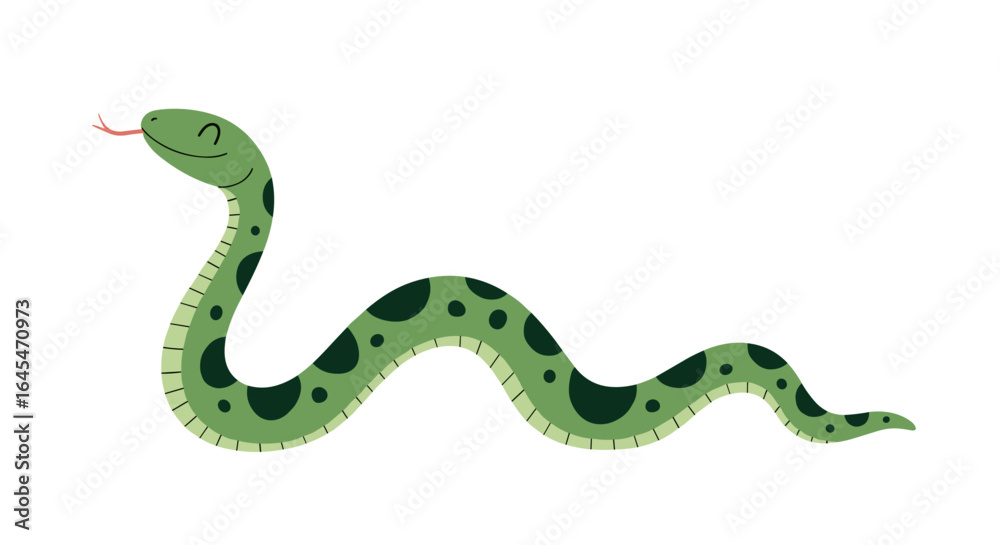 Fototapeta premium A cute green snake with dark spots and a forked tongue wriggling in playful motion