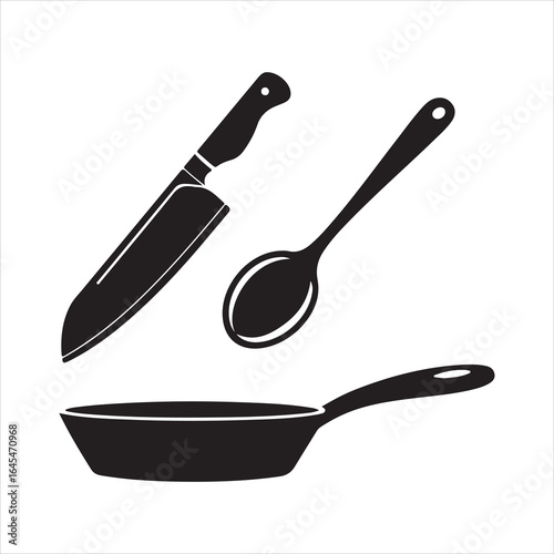 Silhouette of Kitchen Utensils Including Knife, Spoon, and Frying Pan