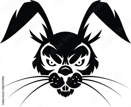 An aggressive and fierce rabbit head with menacing teeth and angry eyes, a stylized black and white vector cartoon character illustration perfect for an esports team, gaming, or brand mascot design.