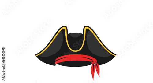 Classic black pirate tricorne hat with red sash decoration
