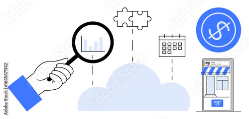 Hand with magnifying glass examining data, cloud storage, puzzle pieces, calendar, dollar sign, small storefront. Ideal for business strategy, e-commerce, finance productivity data sharing