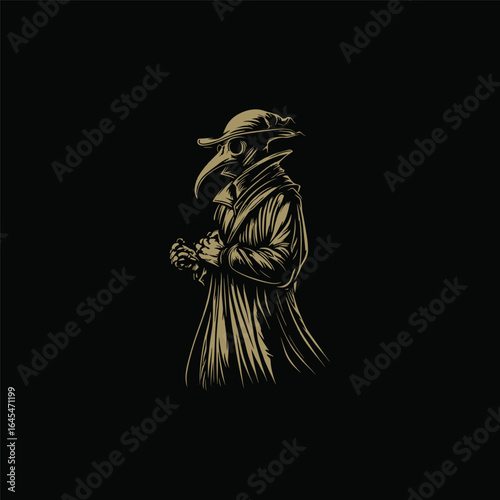 engraving illustration of a plague doctor standing with his iconic beak mask, wide-brimmed hat, and long cloak
