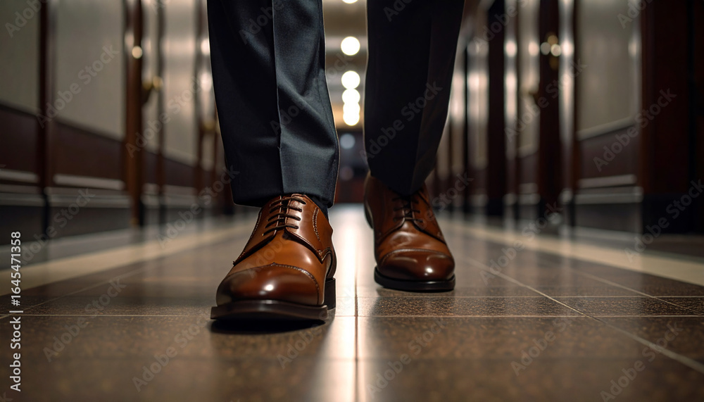Fototapeta premium Close-up of Businessman Walking in Brown Leather Shoes