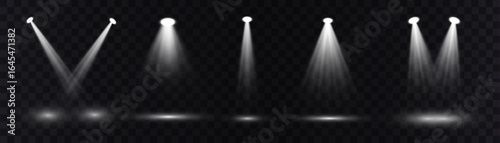Realistic light source set on transparent bg with reflection on floor.  Spotlight on dark wall, realistic soft concert light on abstract stage png. White projector scene with rays, vector illustration