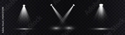 Realistic light source set on transparent bg with reflection on floor.  Spotlight on dark wall, realistic soft concert light on abstract stage png. White projector scene with rays, vector illustration
