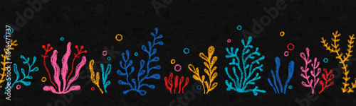 Sea coral and plants drawn with crayon pencils. Seamless horizontal pattern with underwater marine reef elements. Color crayon doodle icons of ocean seaweed, vector illustration on grunge background