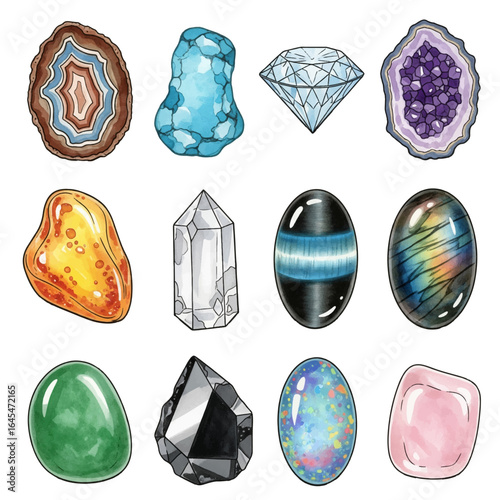 Variety of crystals and gemstones in different cuts and colors vector set. Agate, aquamarine, diamond, amethyst, amber, rock crystal, cat's eye, labradorite, jade, obsidian, opal, rose quartz